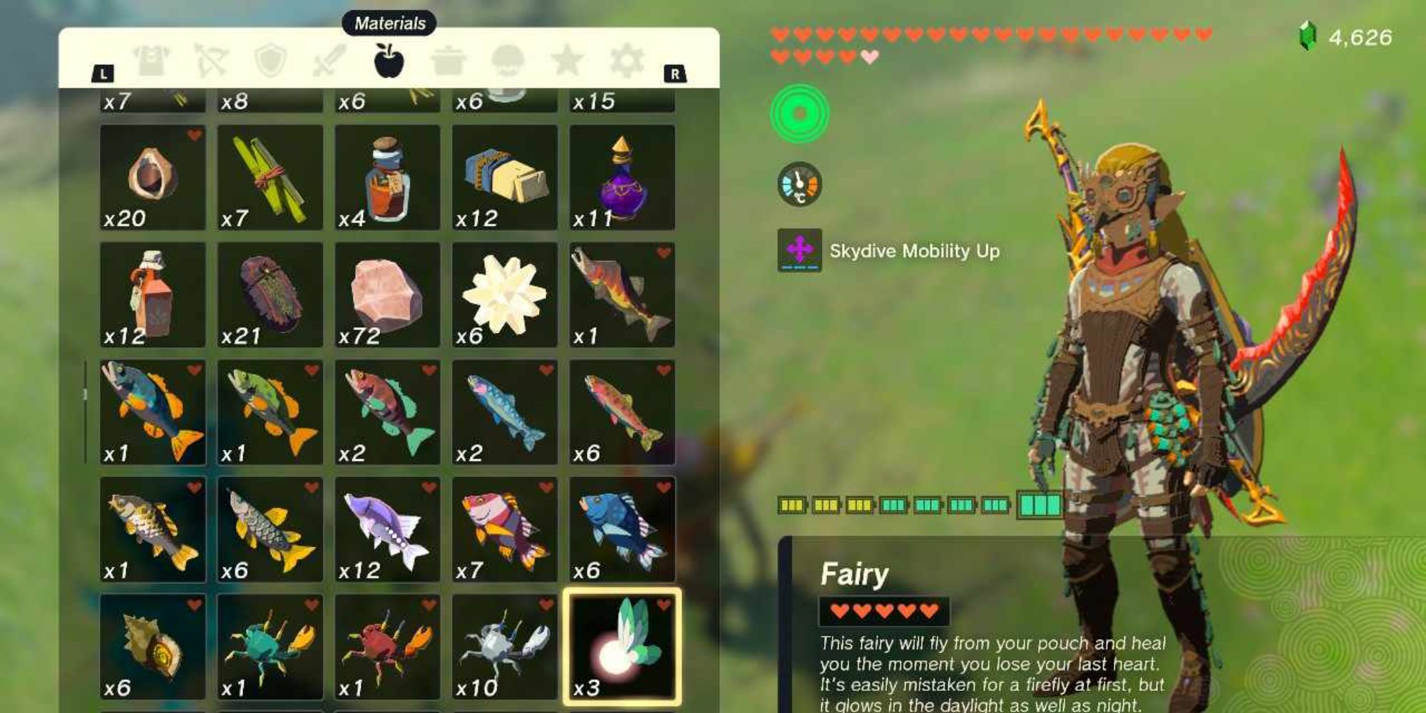 Link from Tears of the Kingdom stood beside his inventory, which is showing a Fairy