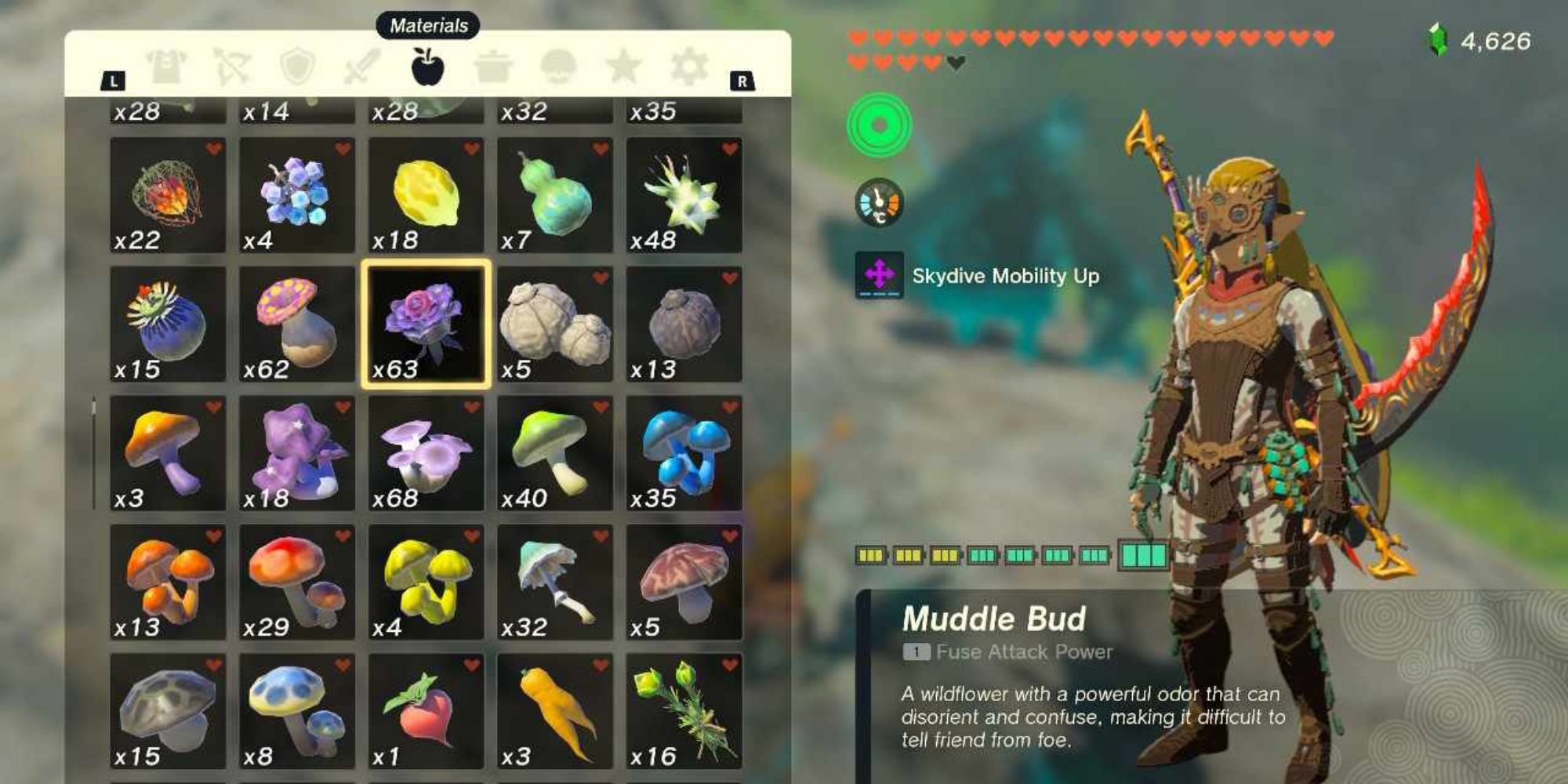 Link from Tears of the Kingdom stood beside his inventory, which is showing a Muddle Bud