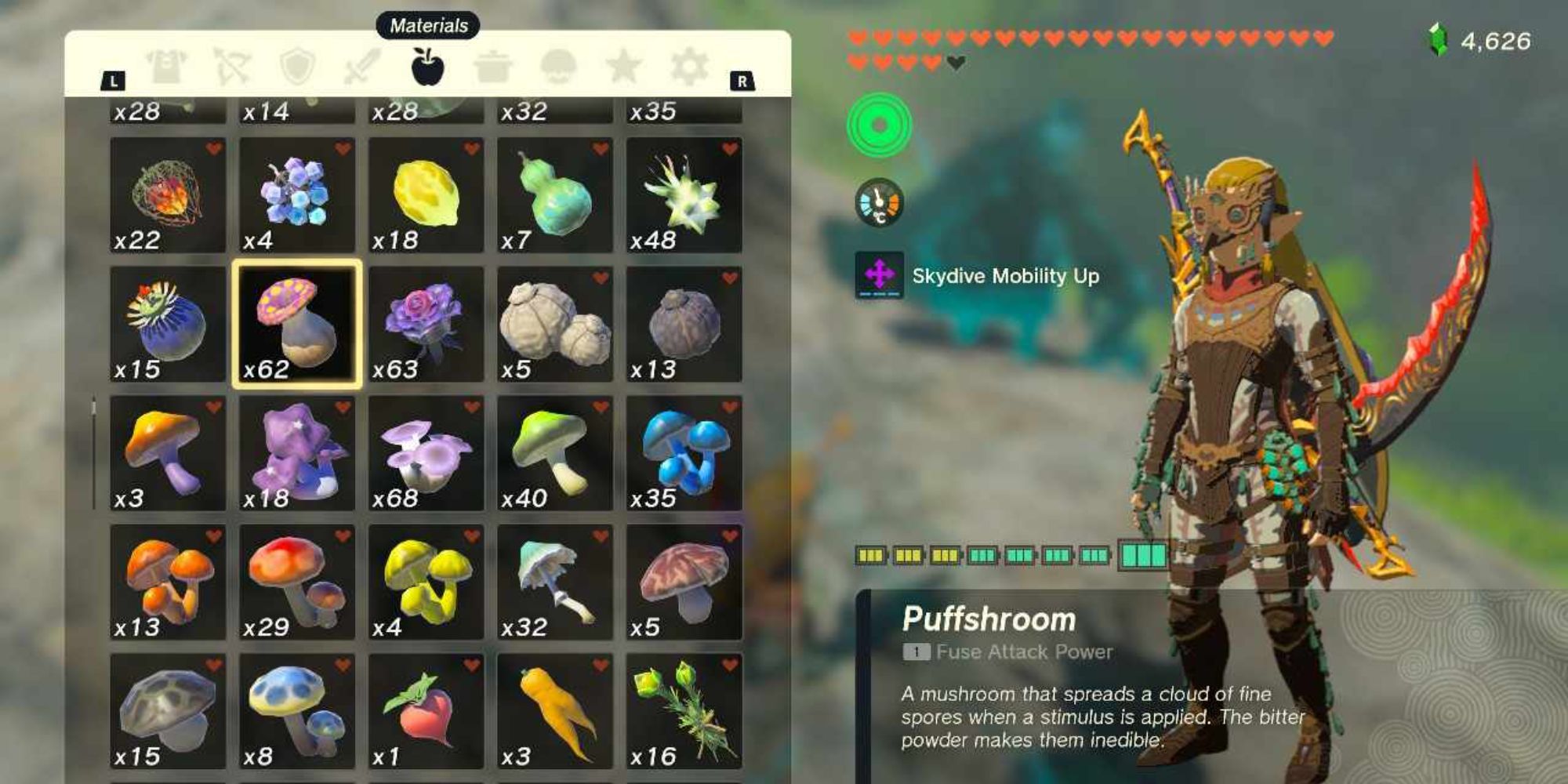 Link from Tears of the Kingdom stood beside his inventory, which is showing a Puffshroom