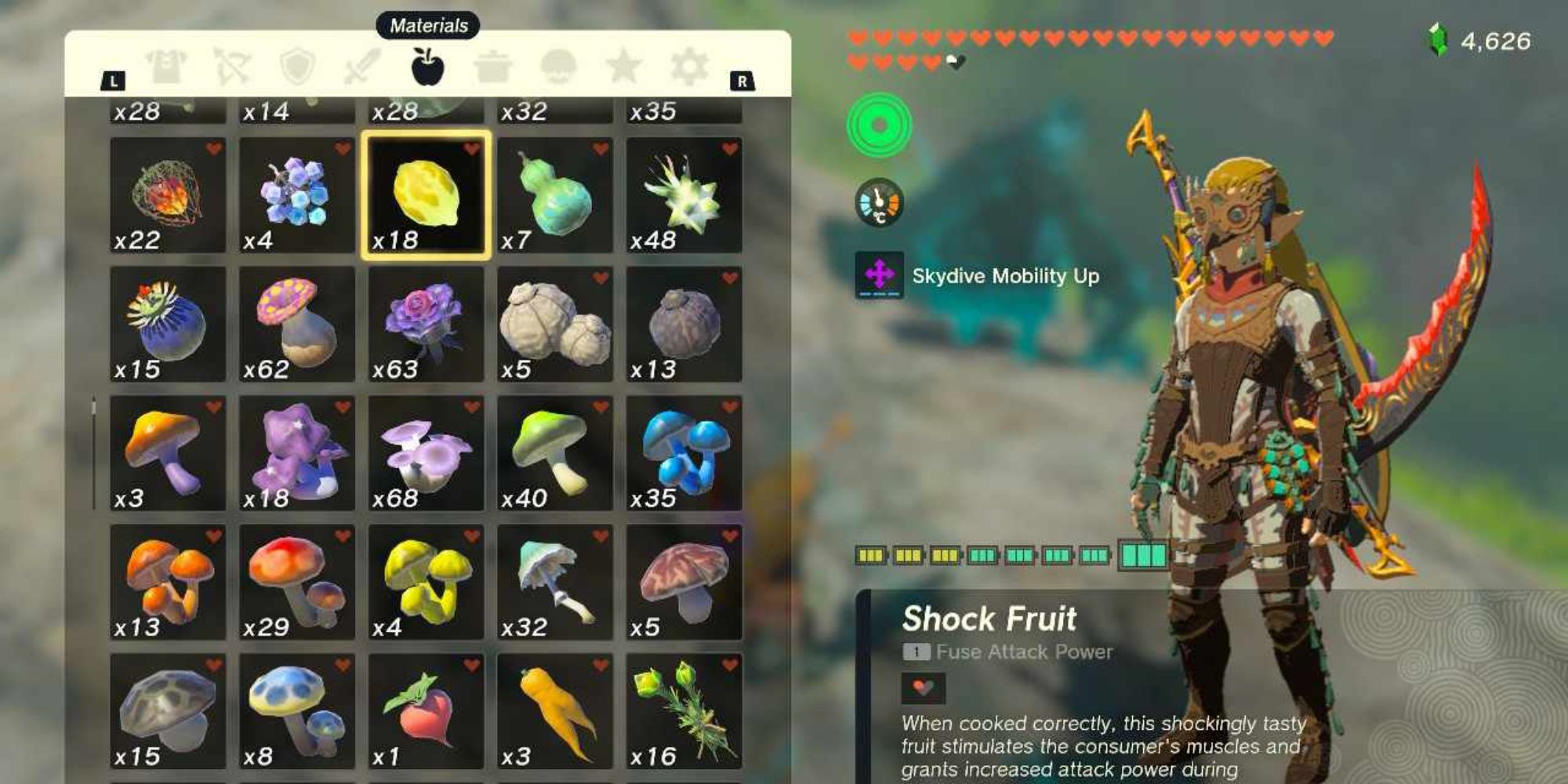 Link from Tears of the Kingdom stood beside his inventory, which is showing a Shock Fruit
