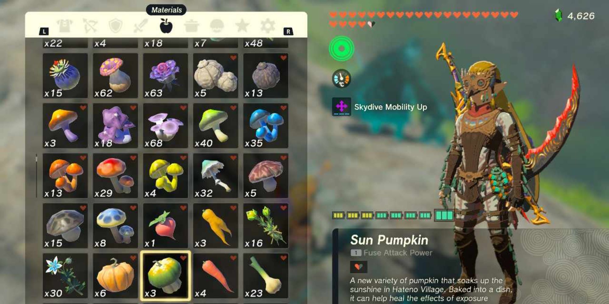 Link from Tears of the Kingdom stood beside his inventory, which is showing a Sun Pumpkin