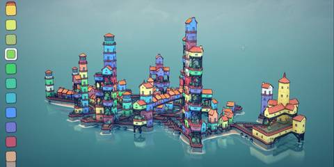A multi-stacked town filled with vibrant buildings in Townscaper