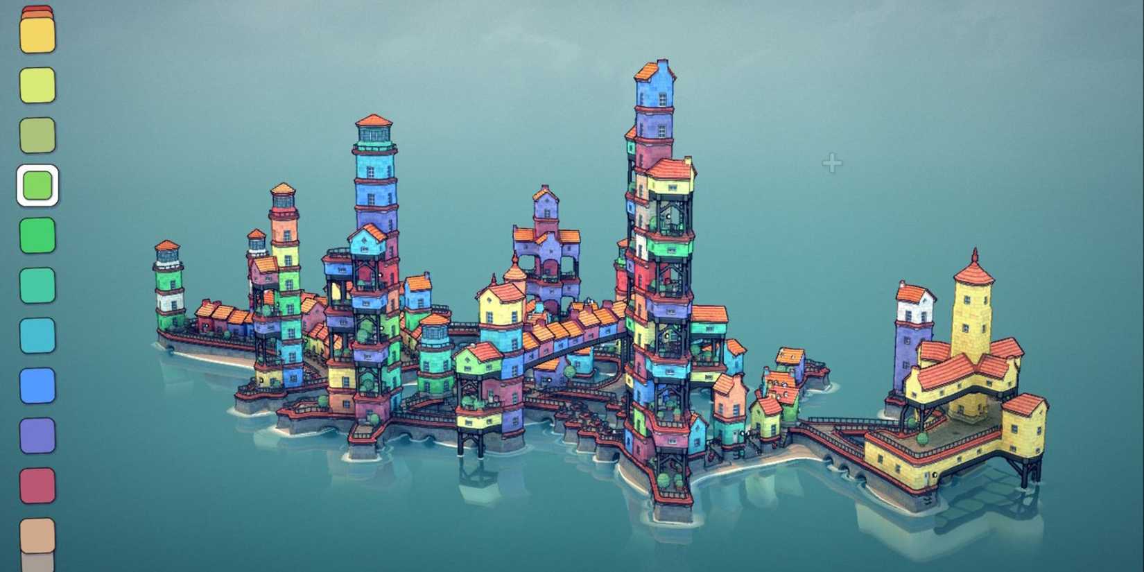 A multi-stacked town filled with vibrant buildings in Townscaper