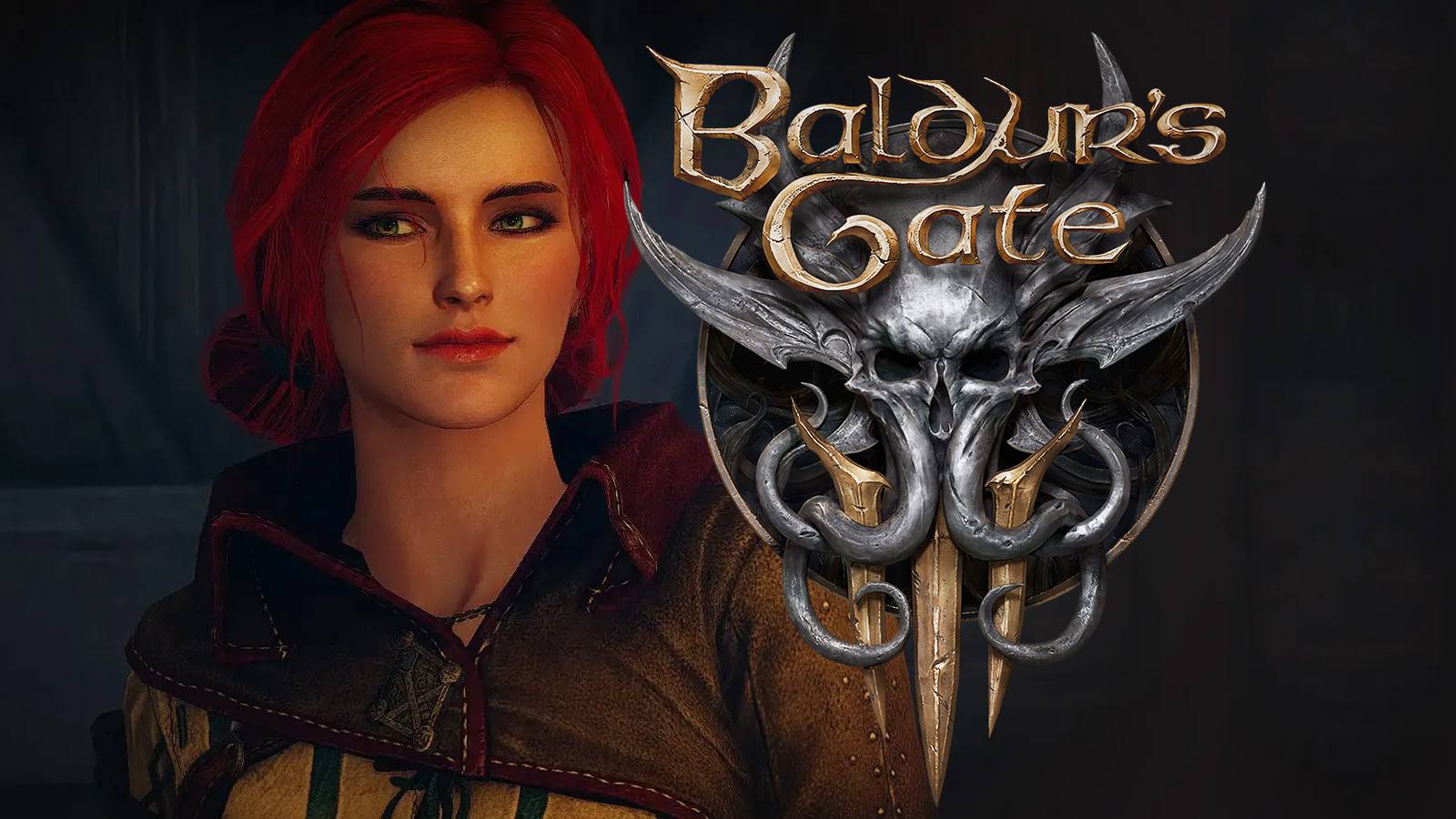 Triss Merigold from The Witcher 3 Wild Hunt next to Baldur's Gate 3 logo emblem