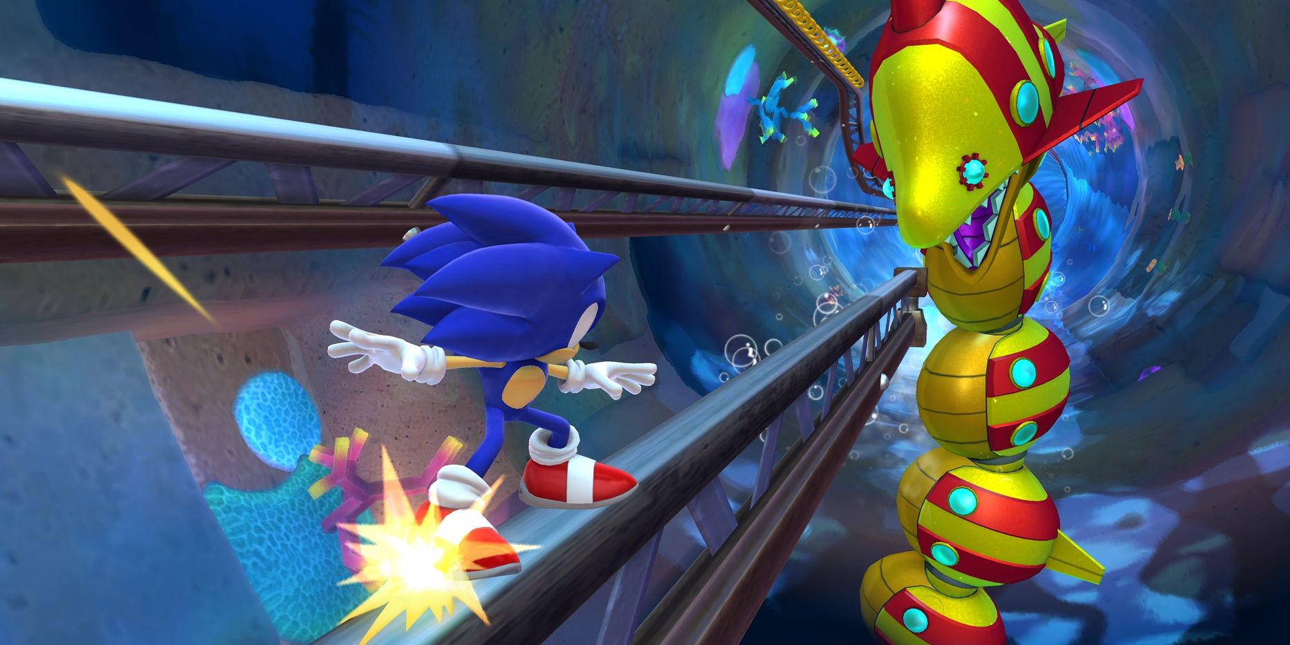 Sonic riding a Grind Rail in Tropical Coast Act 3