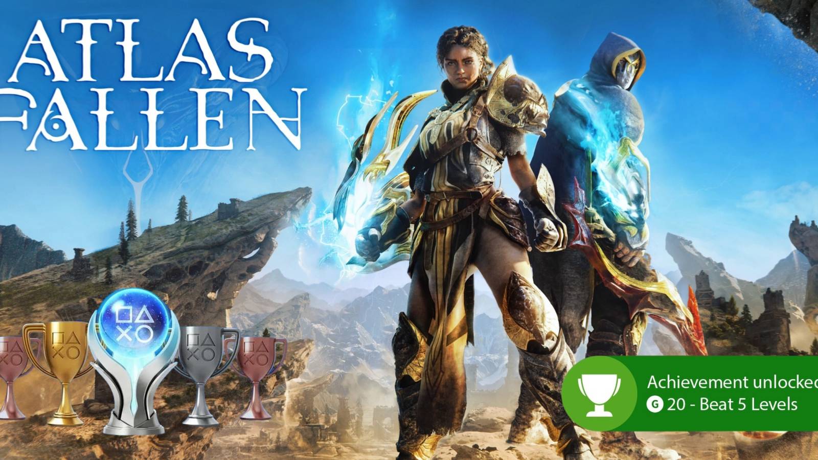 The intro image for Atlas Fallen with PlayStation Trophies and Xbox Achievements