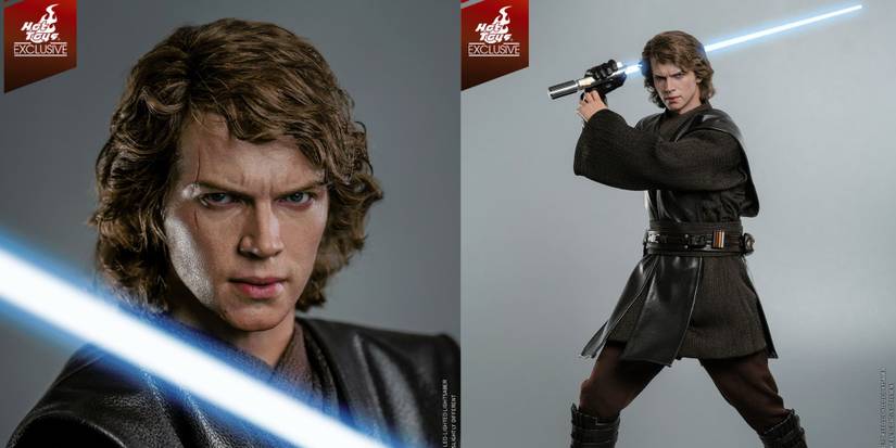 Two side by side images of Anakin Skywalker Hot Toys Sideshow collab