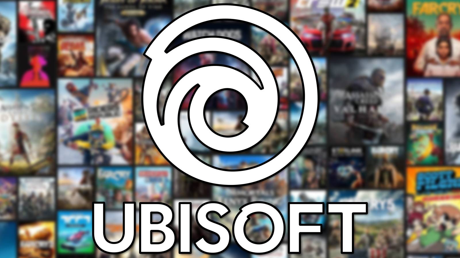 Ubisoft logo on blurred Ubisoft Plus catalog background