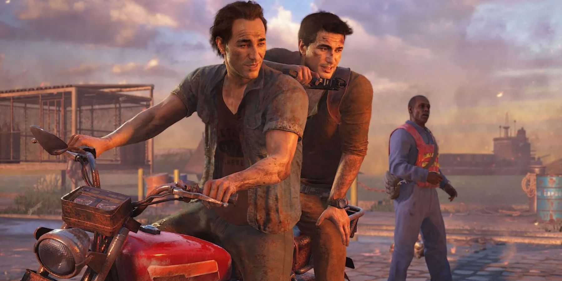 Sam and Nathan Drake riding a motorcycle in Uncharted 4: A Thief's End