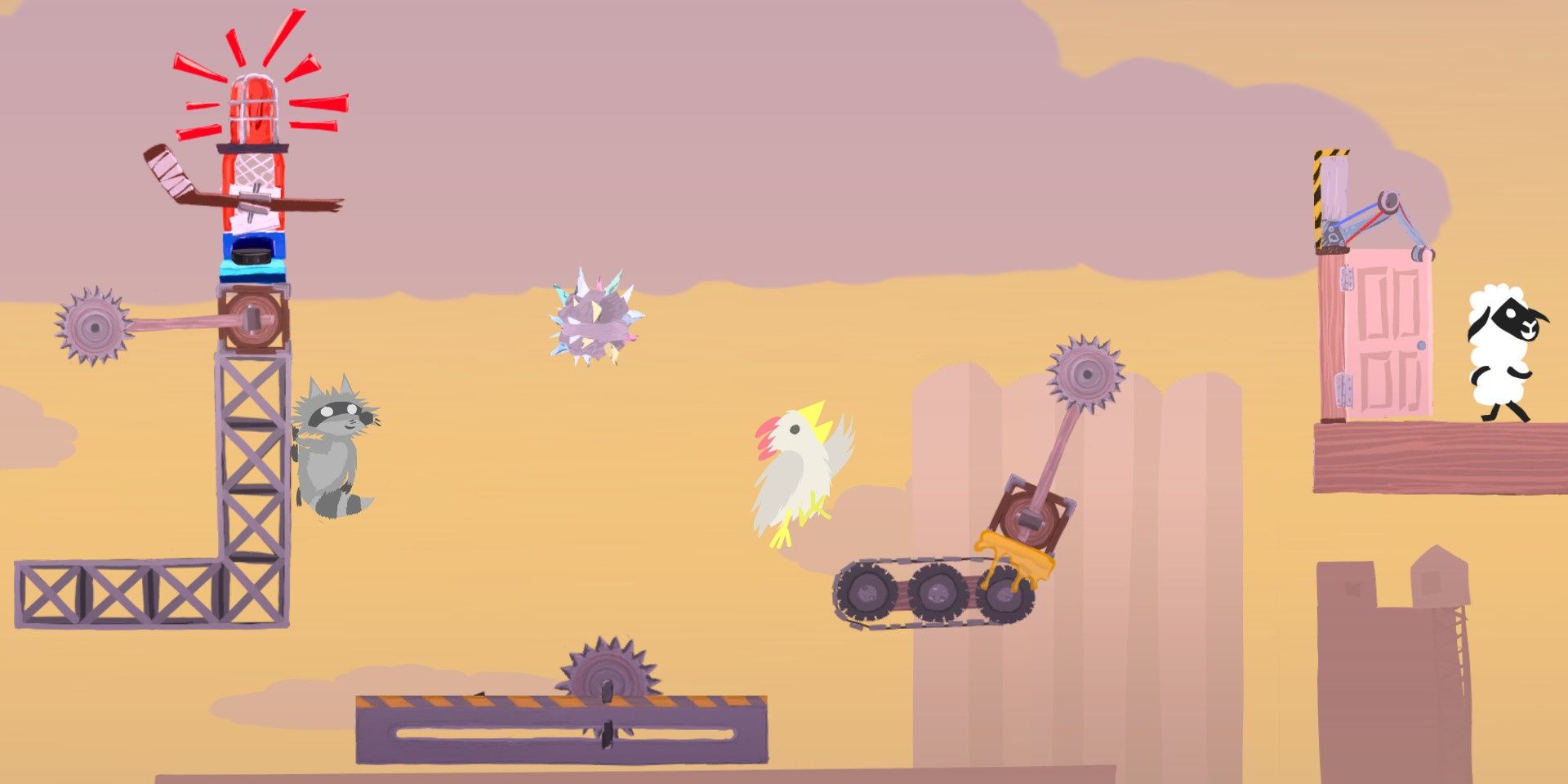 A raccoon, a chicken, and a sheep navigating numerous obstacles in Ultimate Chicken Horse