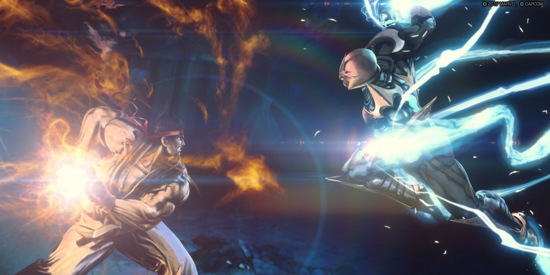 Ryu about to shoot a fireball while Nova comes in for a punch in Ultimate Marvel vs Capcom 3