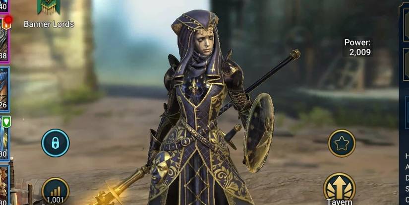 Banner Lords Champion Ursala The Mourner stands with her lance ready in Raid Shadow Legends.