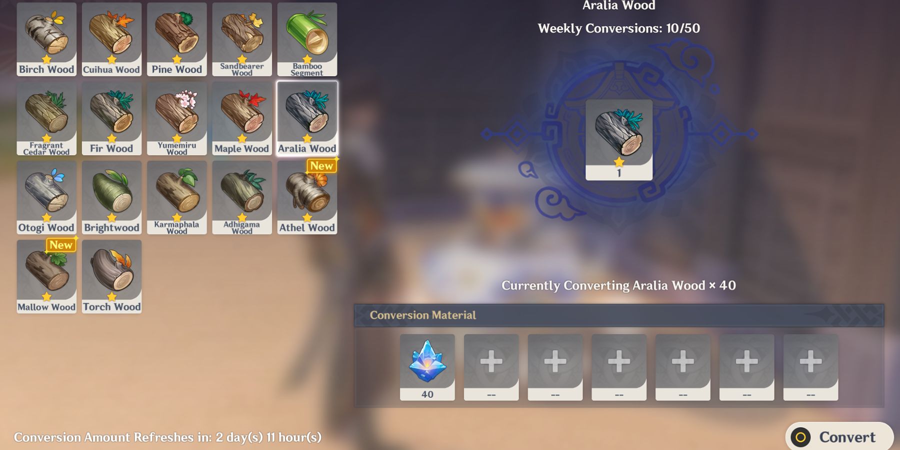 use condessence crystal to craft wood in genshin impact