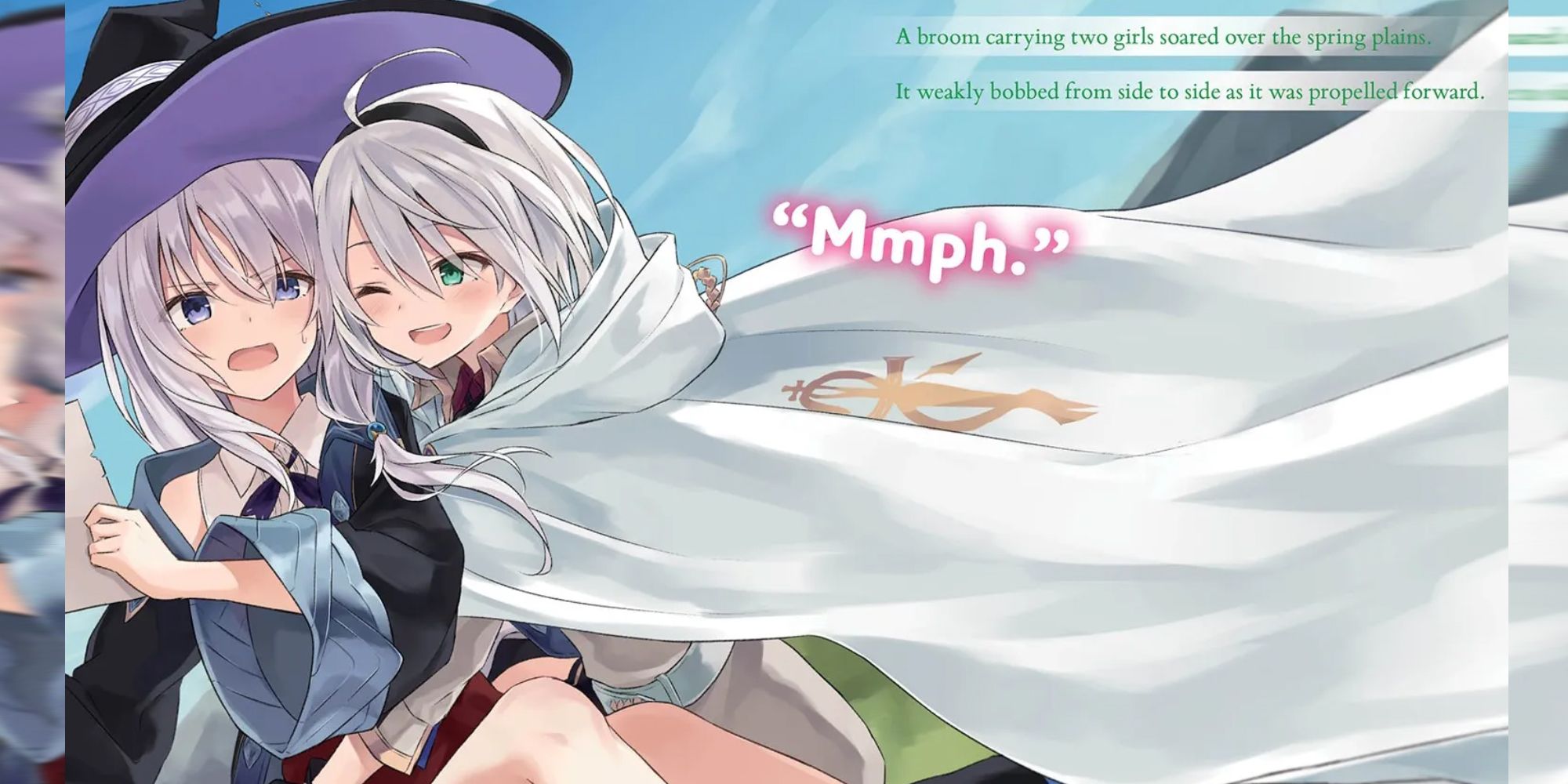 Wandering Witch The Journey of Elaina two white haired anime girls on a broomstick