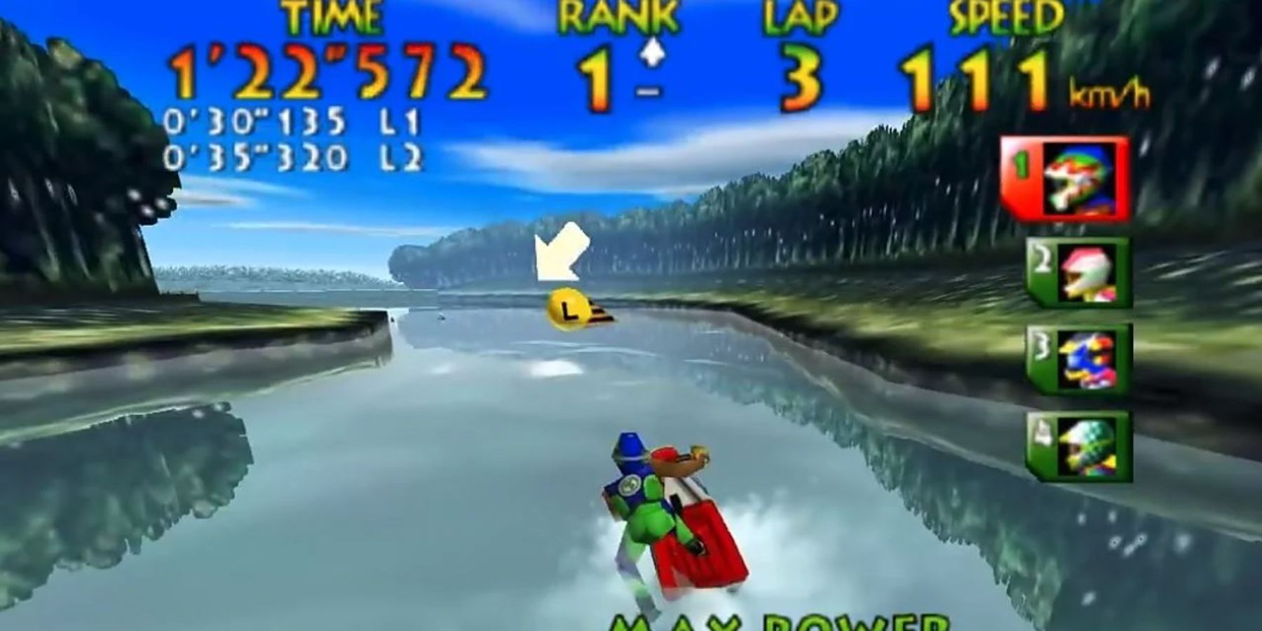 A player about to go through a buoy in Wave Race 64