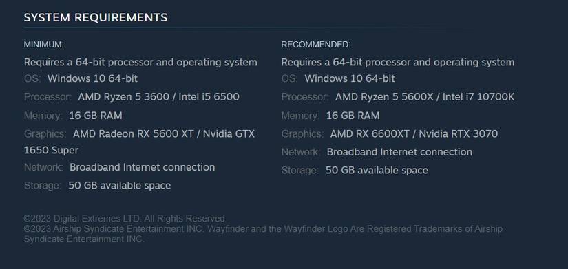 Wayfinder Steam Specs