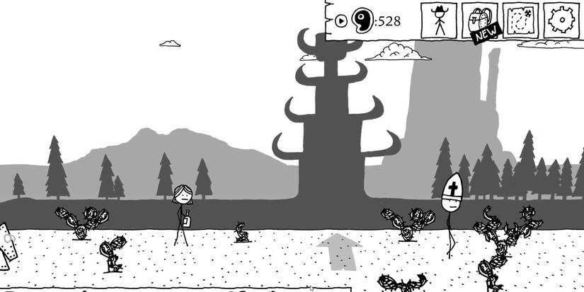 Stick figure cowboys standing in a field