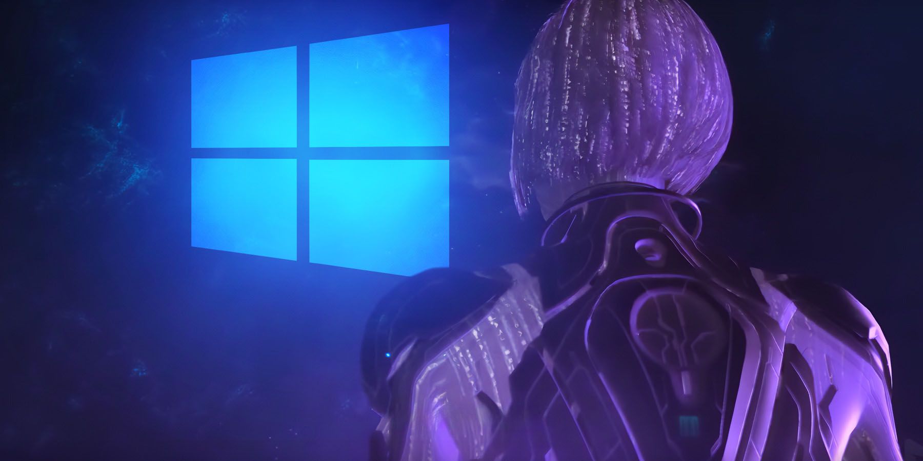An image of Cortana's purple armored form from Halo Infinite looking at a blue hologram of the Windows logo.
