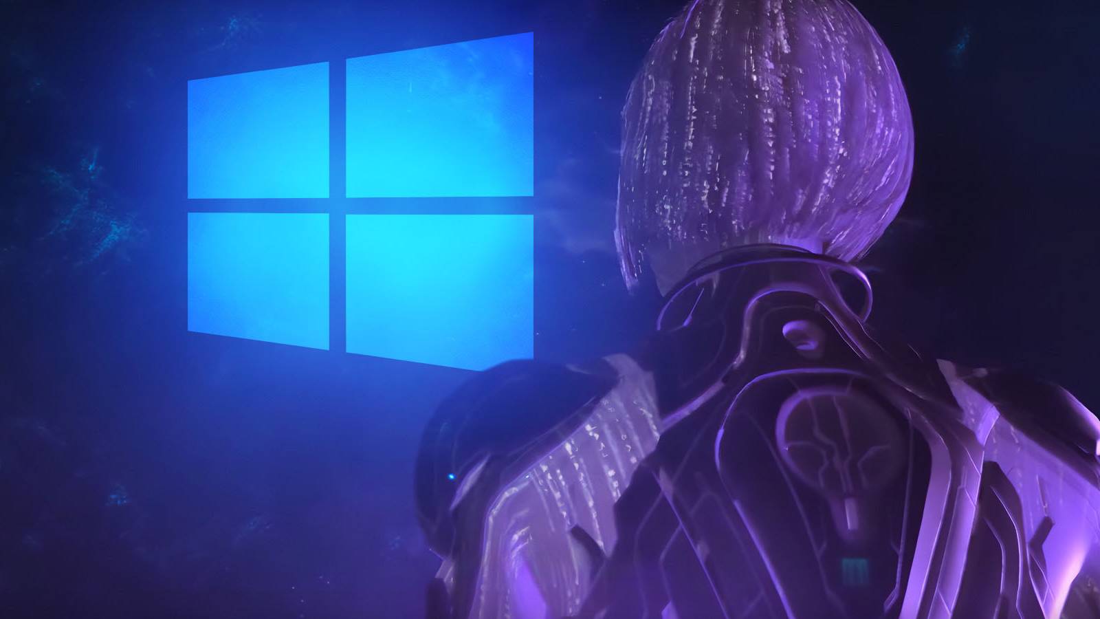 An image of Cortana's purple armored form from Halo Infinite looking at a blue hologram of the Windows logo.