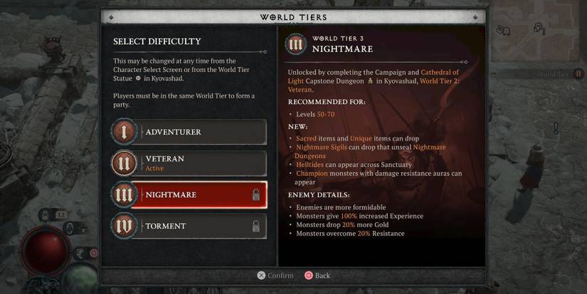 A player looking at the World Tiers in Diablo 4