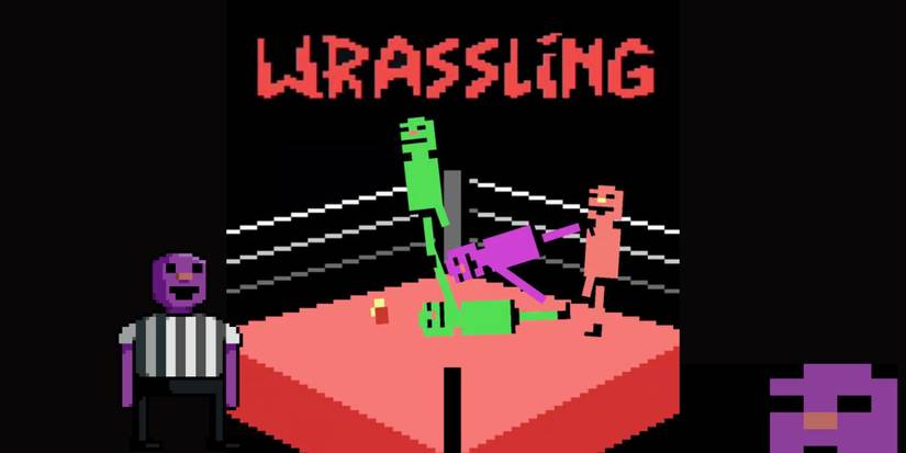Wrassling fighting ring pixel fighters with referee 