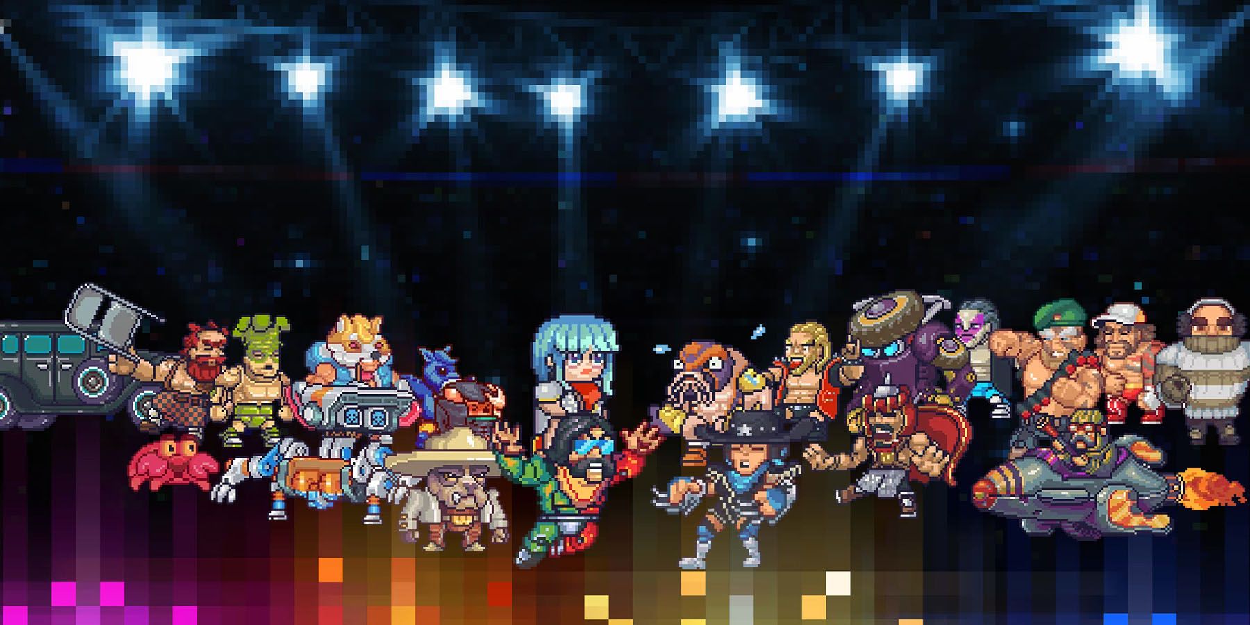 A screenshot of various characters WrestleQuest getting ready to battle each other amid a dark background.