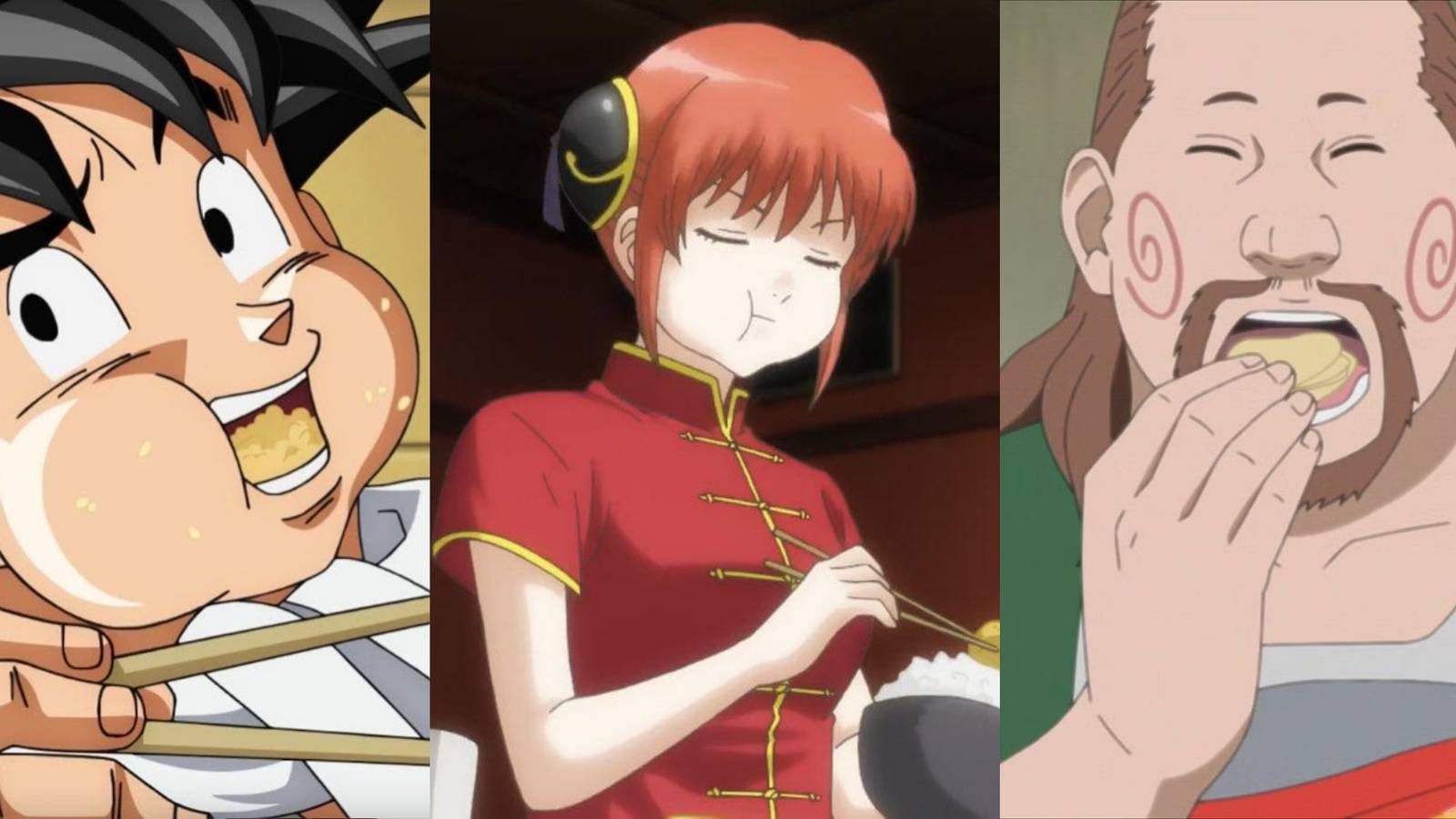 Splt image of Goku, Kaguya and Choji enjoying food.