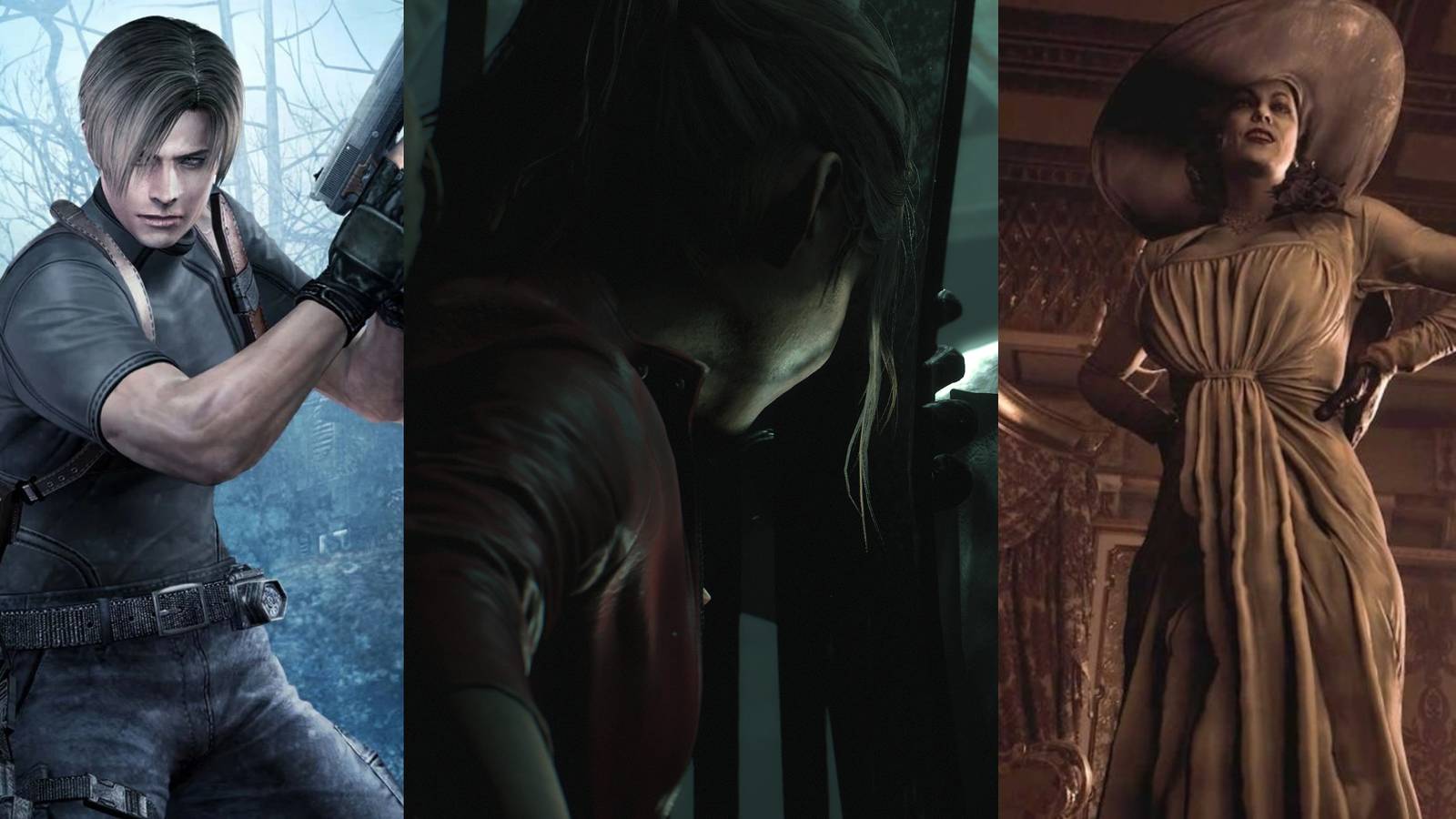 RE4, Remake 2 and Village pictures forming a split image.