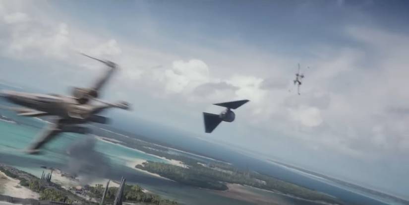 A TIE striker engages X-wings during the Battle of Scarif.