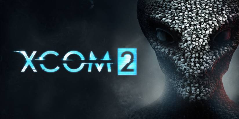 Blue XCOM 2 Logo On The Left With A Depiction Of A Gray Alien Made With Human Skulls On The Right
