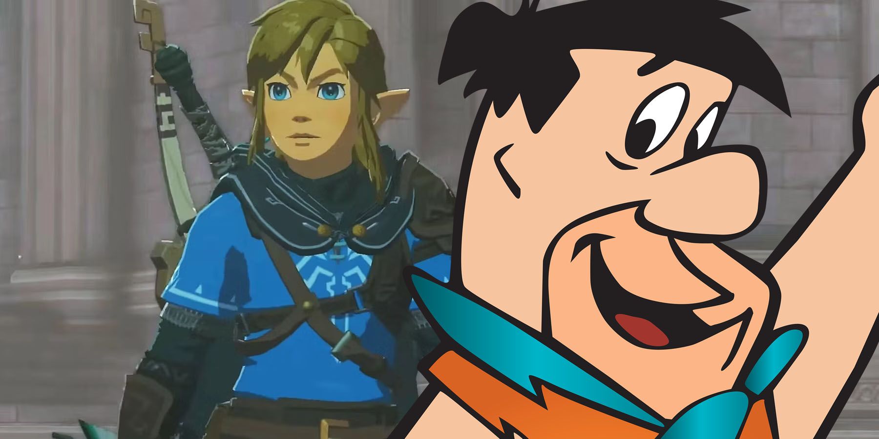 A screenshot of Link from Zelda: Tears of the Kingdom with Fred Flintstone inserted next to him.