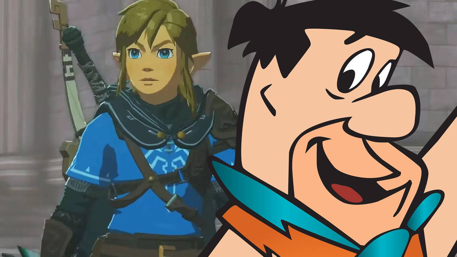 A screenshot of Link from Zelda: Tears of the Kingdom with Fred Flintstone inserted next to him.