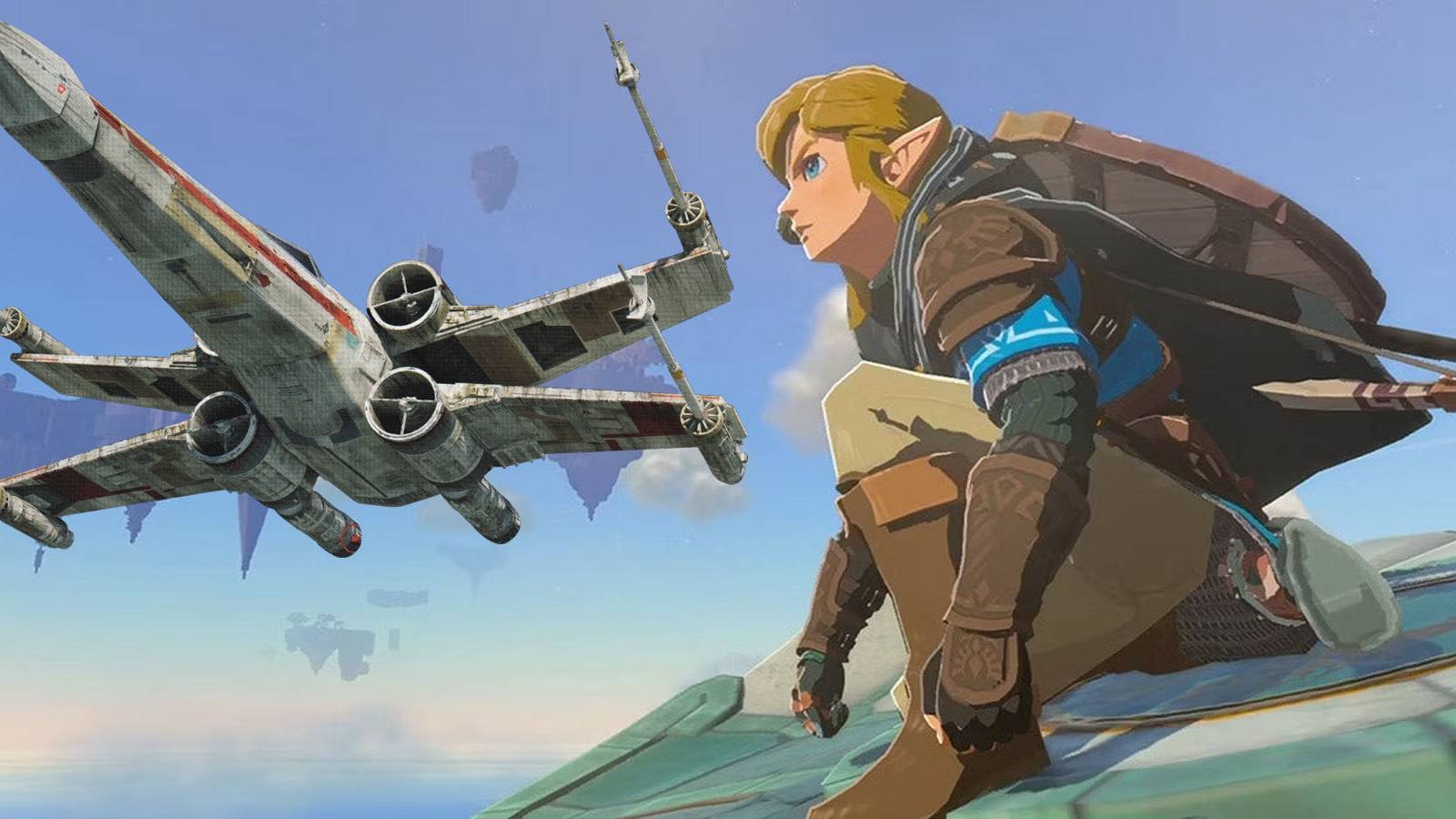 A screenshot of Link kneeling on a ledge in The Legend of Zelda: Tears of the Kingdom, with an X-Wing fighter from Star Wars flying next to him.