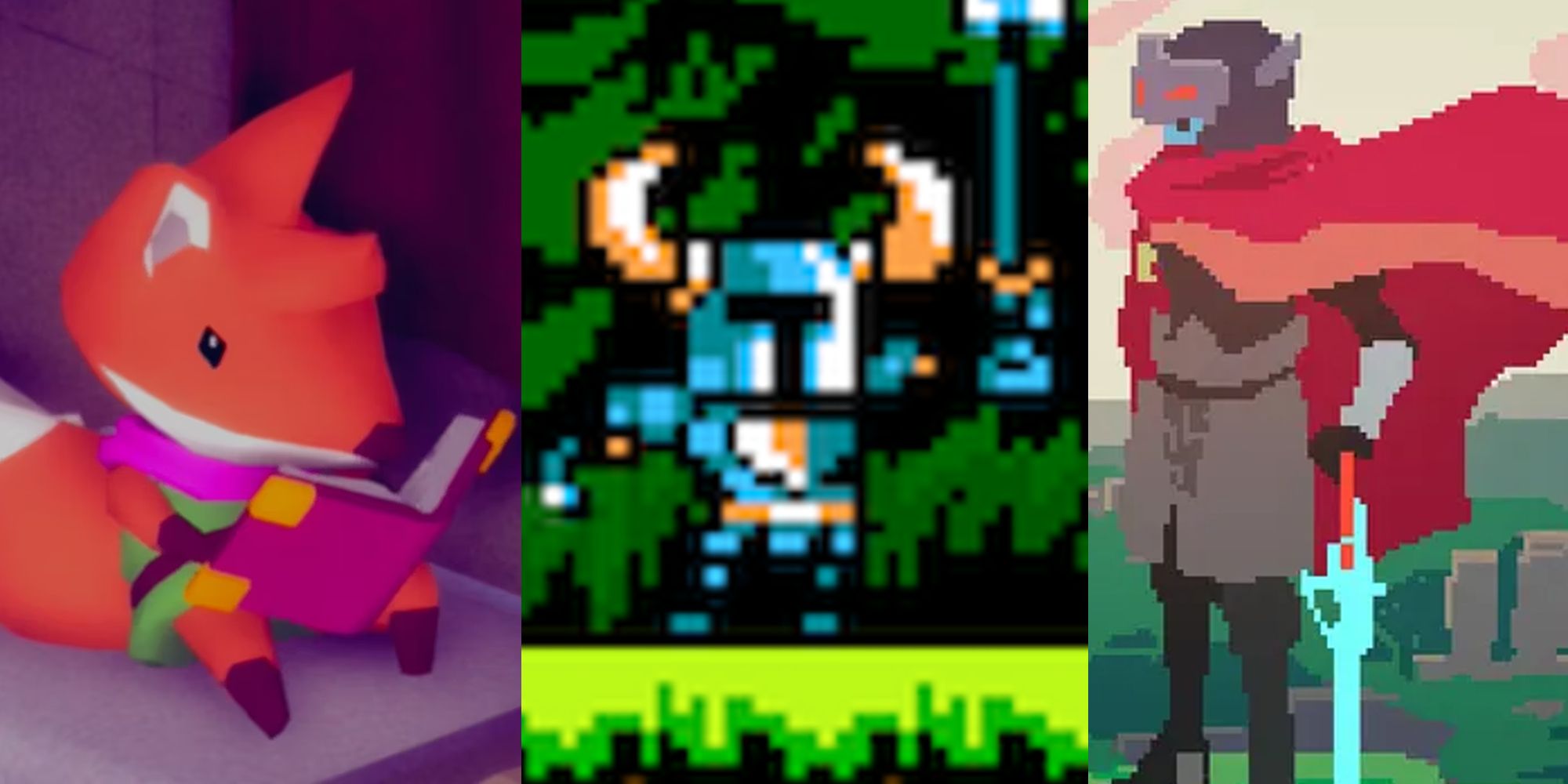 The fox from Tunic reading a book; Shovel Knight posing; the Drifter on a cliffside