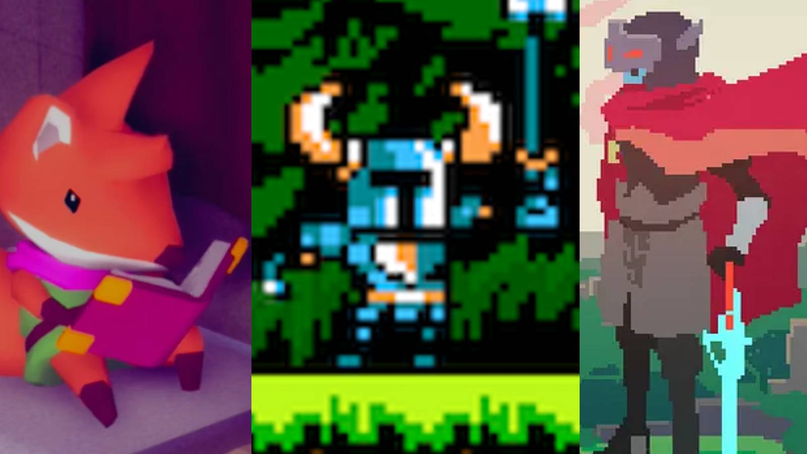 The fox from Tunic reading a book; Shovel Knight posing; the Drifter on a cliffside