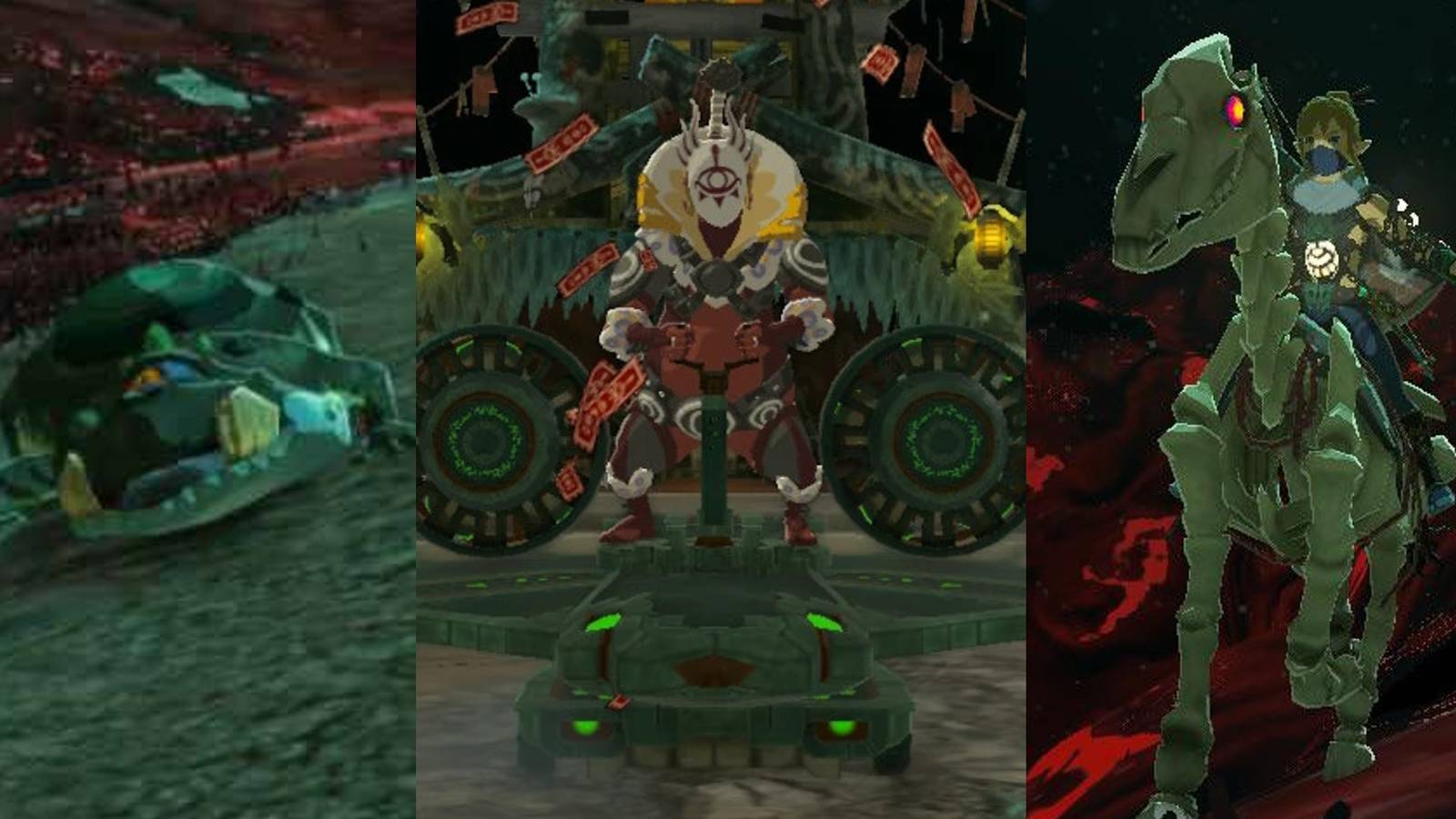 Tiny Frox in the Depths; Kohga on a Zonai machine; Link riding a Stalhorse over Gloom