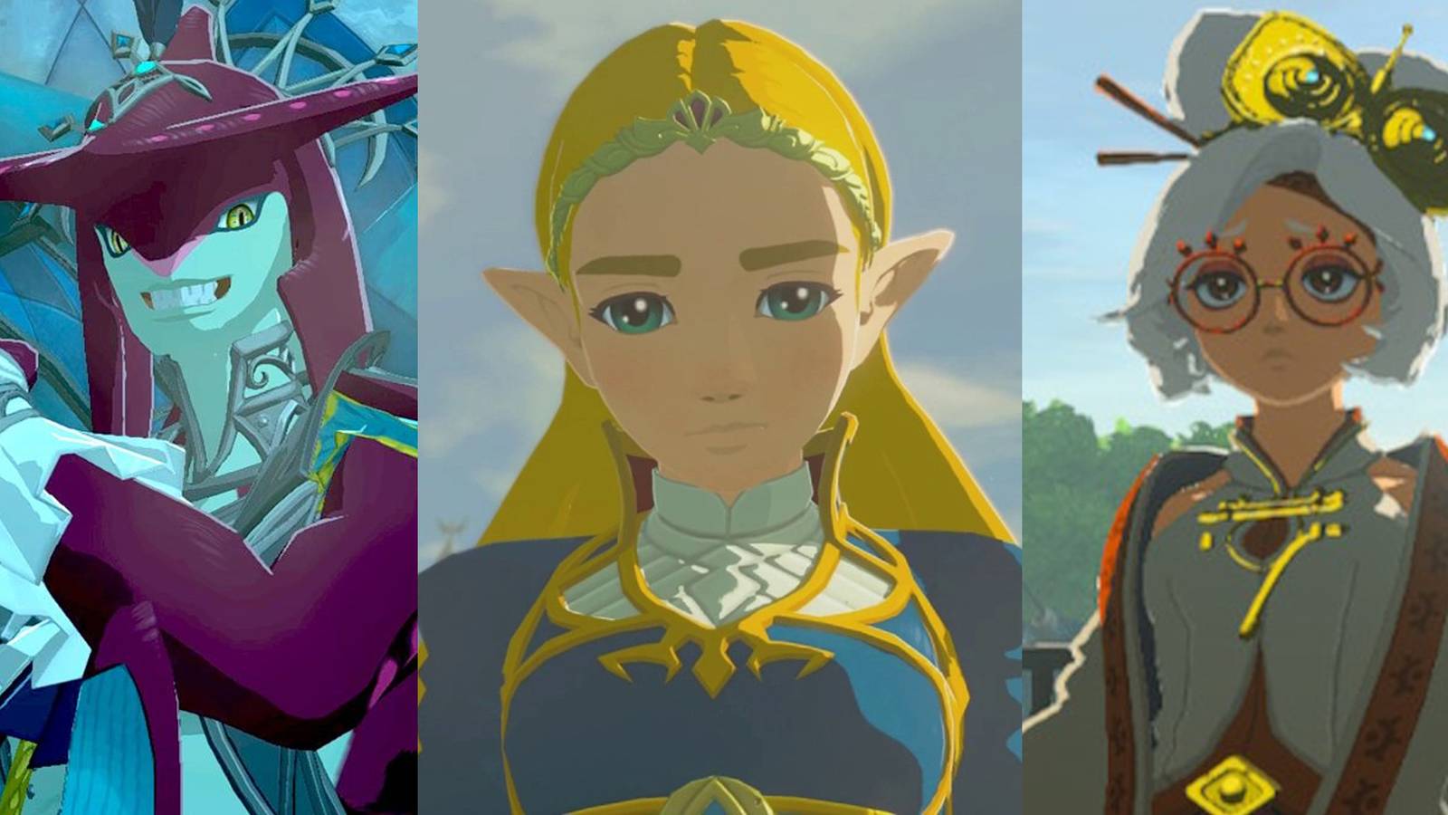 Sidon posing; Zelda in her princess garb; older Purah in Lookout Landing