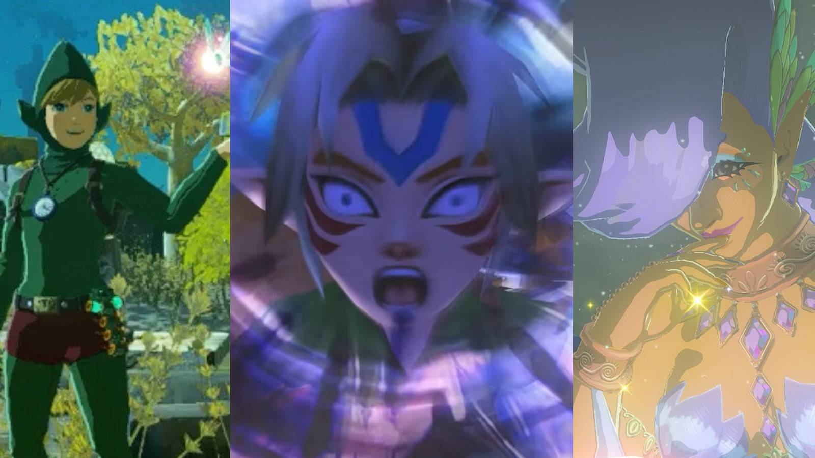 Link in a Tingle outfit; Link wearing the Fierce Deity Mask; a Great Fairy