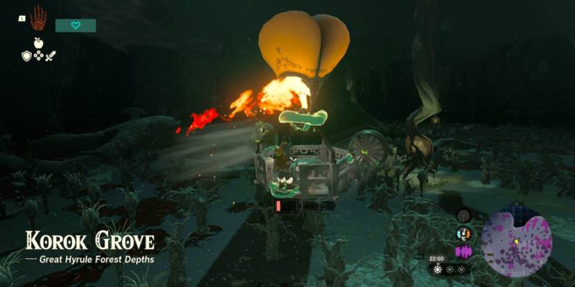 Link flying over Korok Grove in a hot air balloon