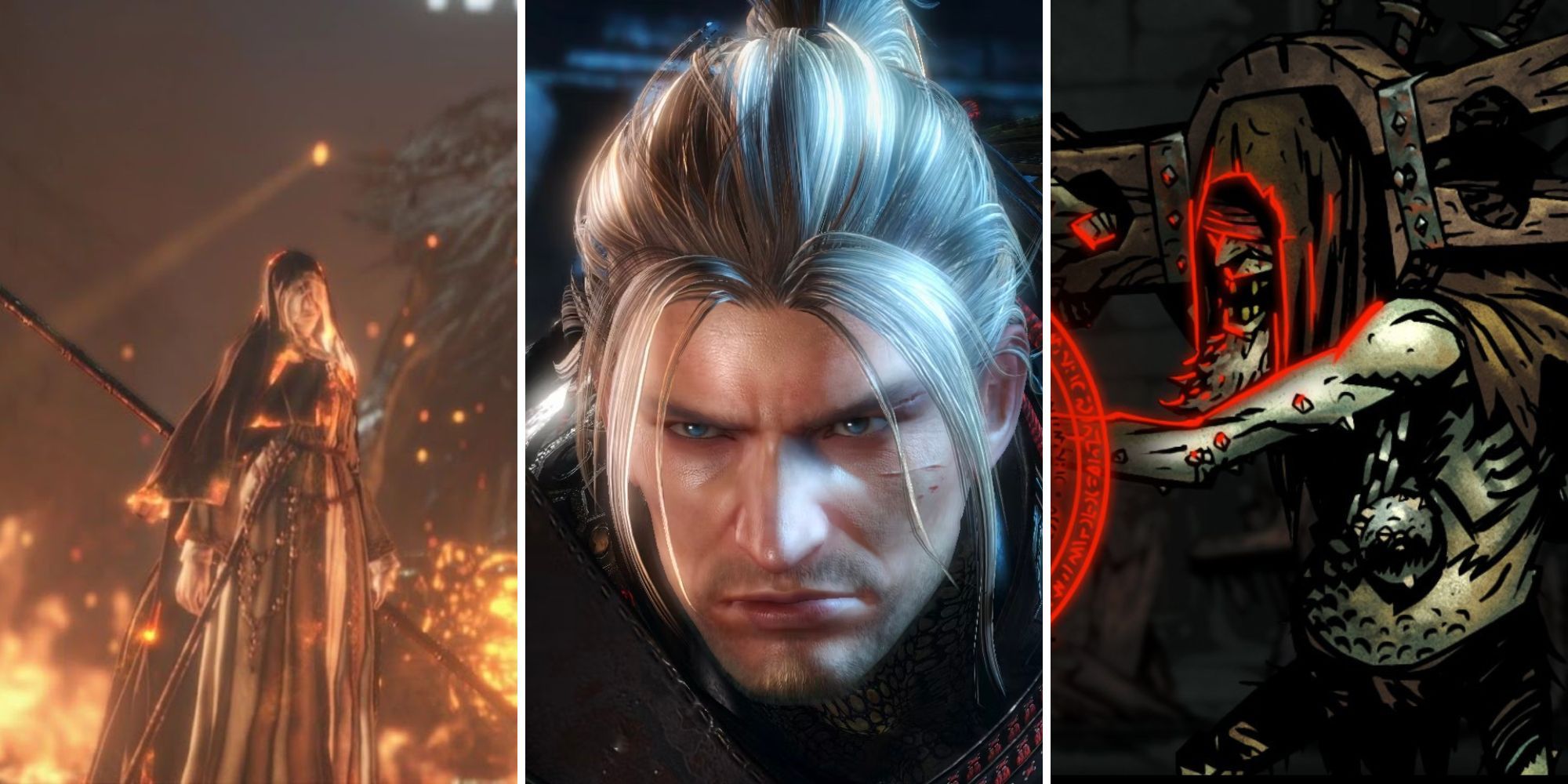 A grid showing the three PS4 RPGS Dark Souls 3, Nioh, and Darkest Dungeon