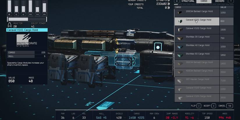 A list of cargo containers in Starfield