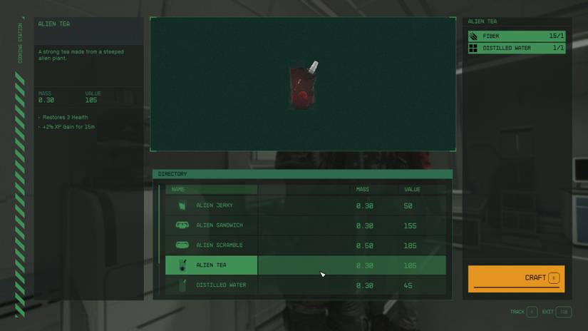 The cooking station menu in Starfield