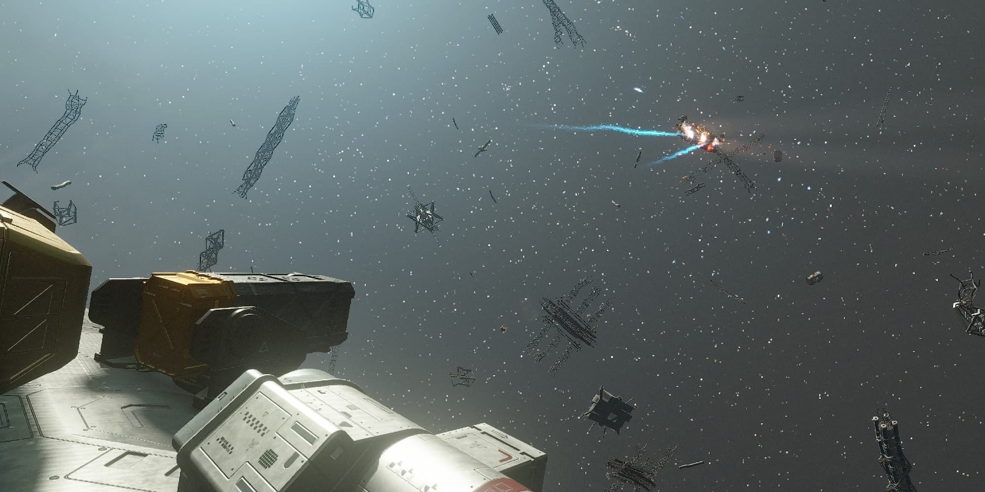 Ship turrets engaging a pirate ship in Starfield