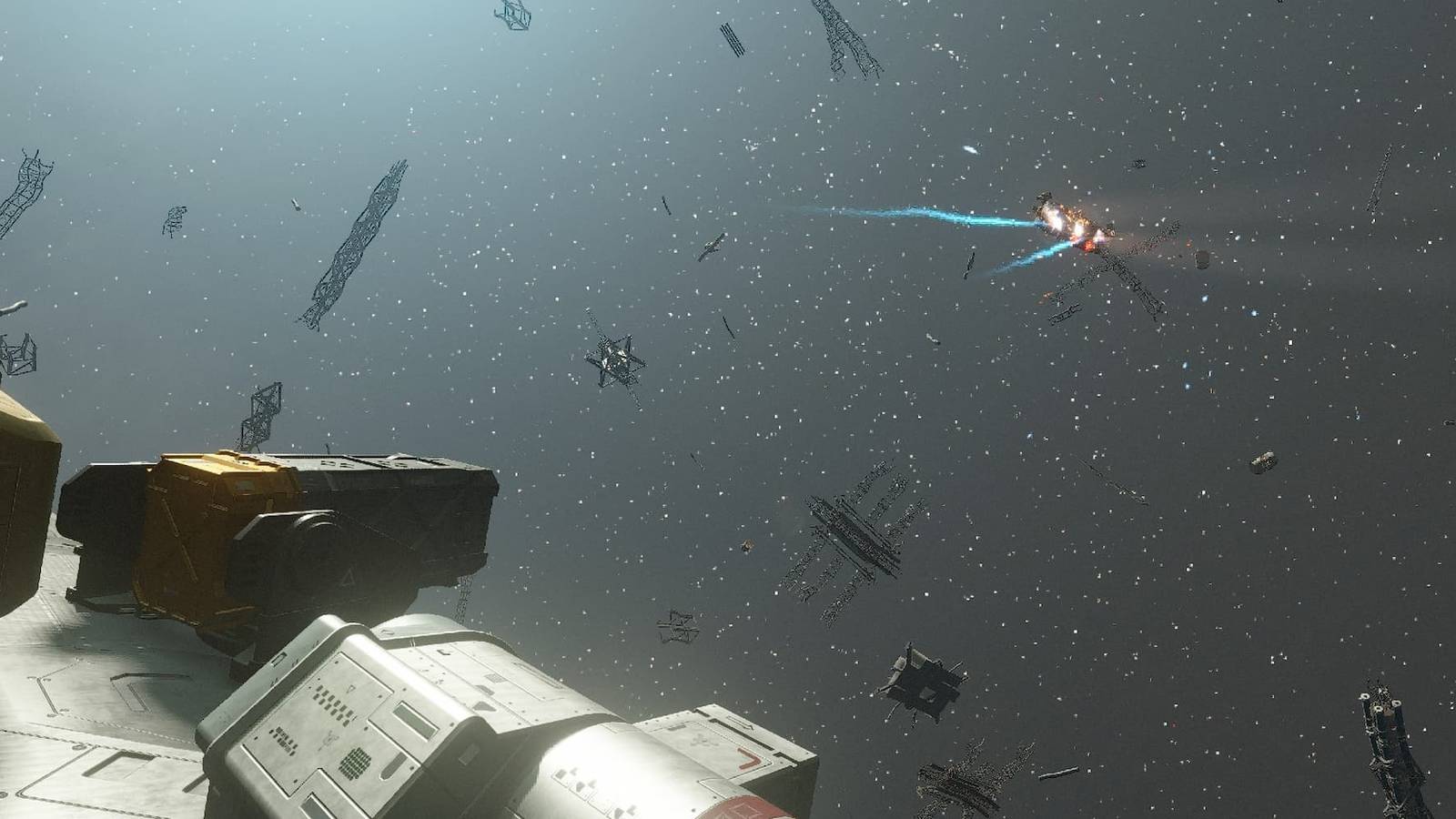 Ship turrets engaging a pirate ship in Starfield
