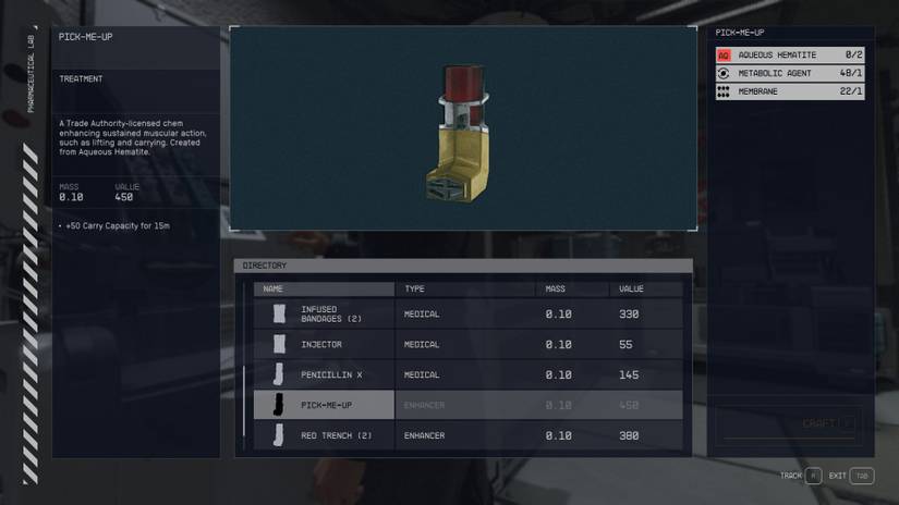 Pick-Me-Up in Starfield's crafting screen