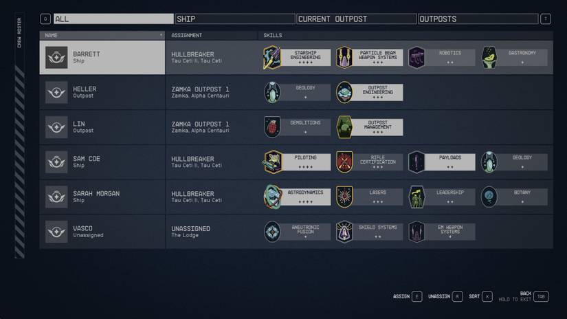 Crew skills in Starfield