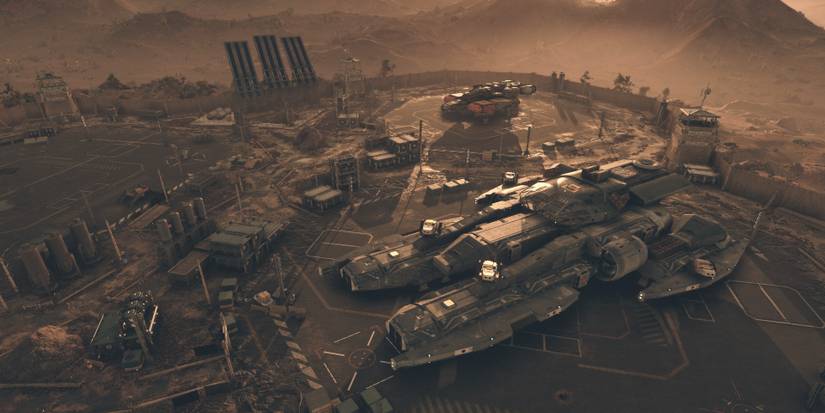 Akila City's spaceport during sunset