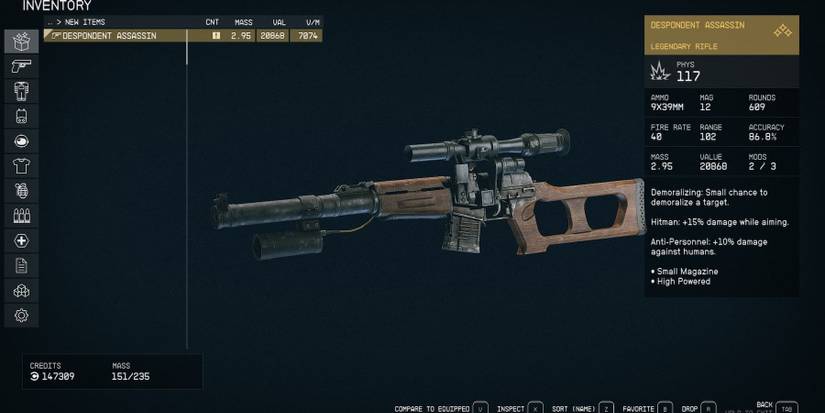 The legendary Despondend Assassin huntint rifle in Starfield