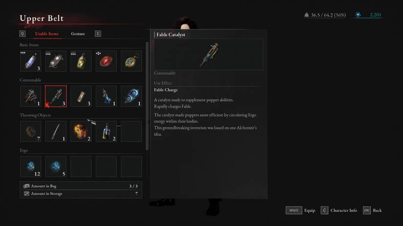 A Fable Catalyst, one of the many consumables in Lies of P