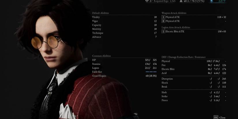 The stats screen in Lies of P